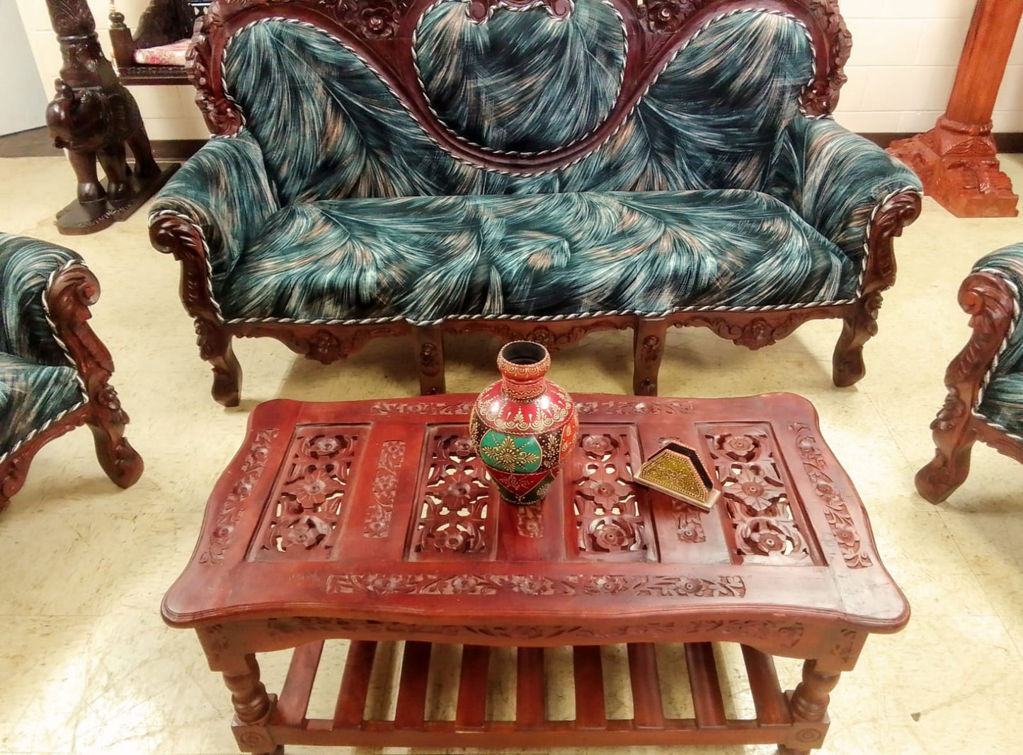 ✨ Timeless Design. 🪑 Mahogany finish Luxury Handcrafted Sofa Set + Coffee Table | Made in Rajasthan, India 🇮🇳 Royal Craftsmanship.  🛋️ Ships from USA