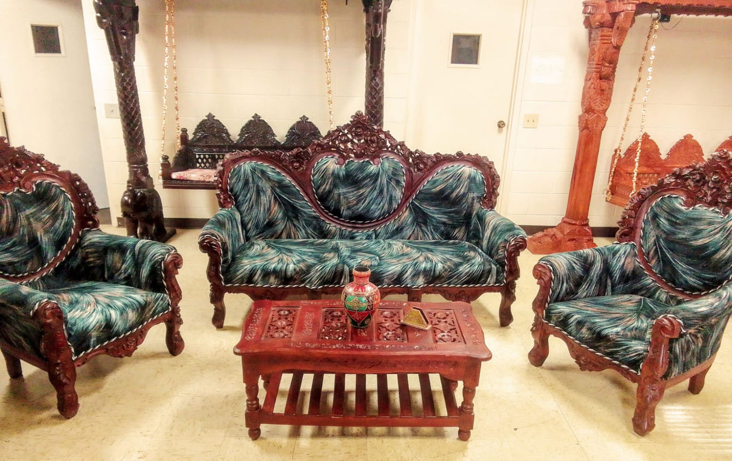 ✨ Timeless Design. 🪑 Mahogany finish Luxury Handcrafted Sofa Set + Coffee Table | Made in Rajasthan, India 🇮🇳 Royal Craftsmanship.  🛋️ Ships from USA
