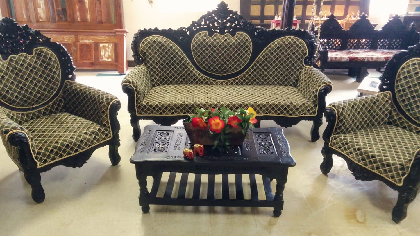 ✨ Timeless Design. 🪑 Dark Walnut Luxury Handcrafted Sofa Set + Coffee Table | Made in Rajasthan, India 🇮🇳 Royal Craftsmanship.  🛋️ Ships from USA